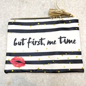 Black and white stripe makeup  bag.  Faux leather. Bold